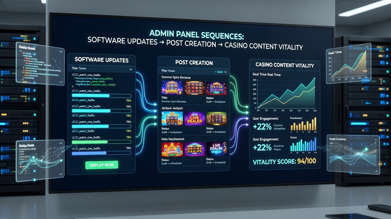 WordPress admin dashboard showing update notifications alongside post creation tools for casino content management