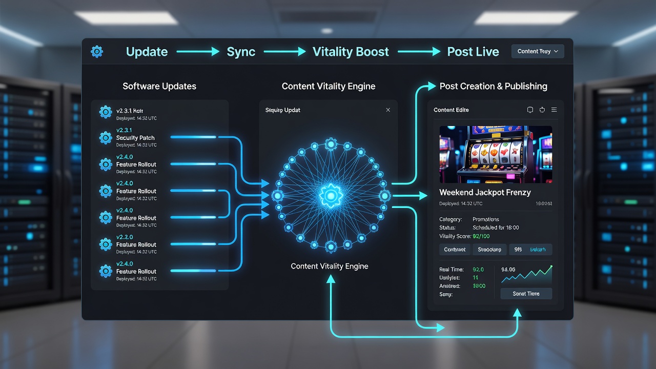Sequence of admin screens displaying software update confirmation followed by post editor interface for casino promotions
