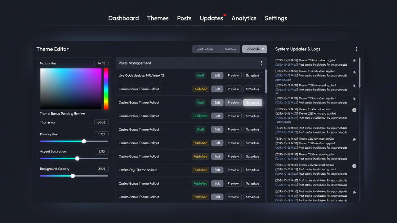 Backend dashboard interface showing navigation menus for theme and content adjustments on a betting platform