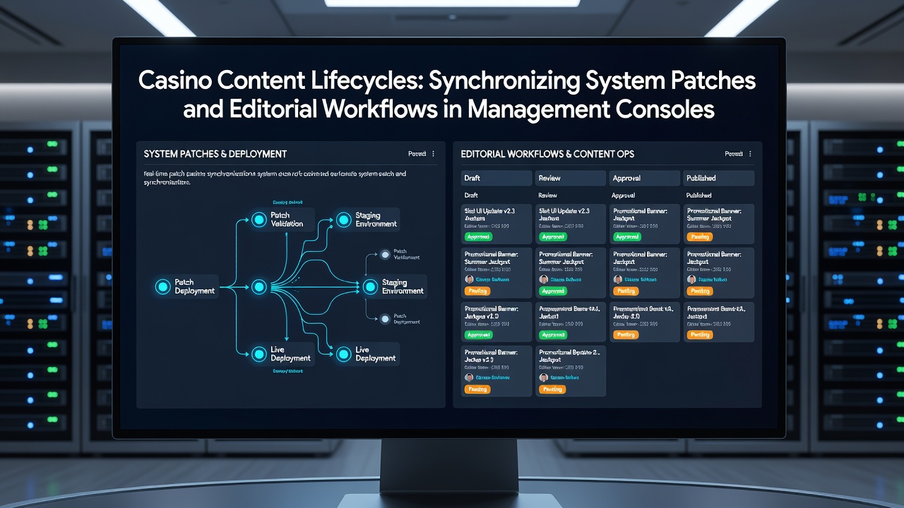 Casino management console interface displaying synchronized system patches and content workflows