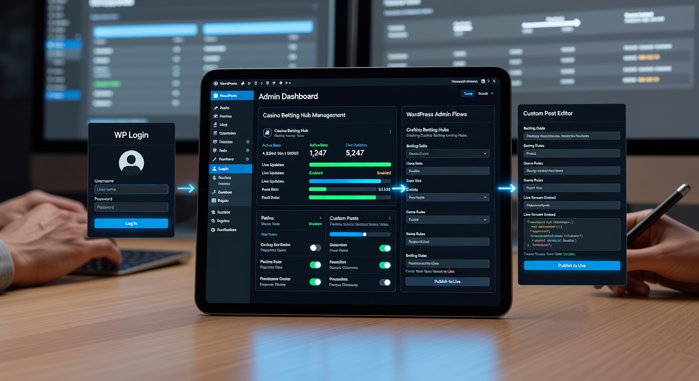 WordPress admin dashboard overview showing navigation menu for casino site management