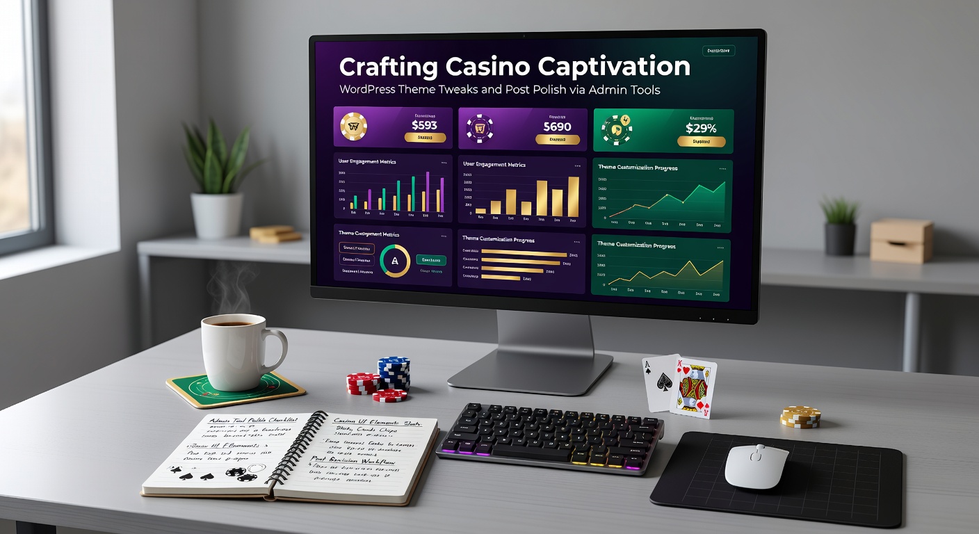 WordPress admin dashboard displaying theme customization options for a sleek casino site interface, highlighting navigation menus and color scheme adjustments