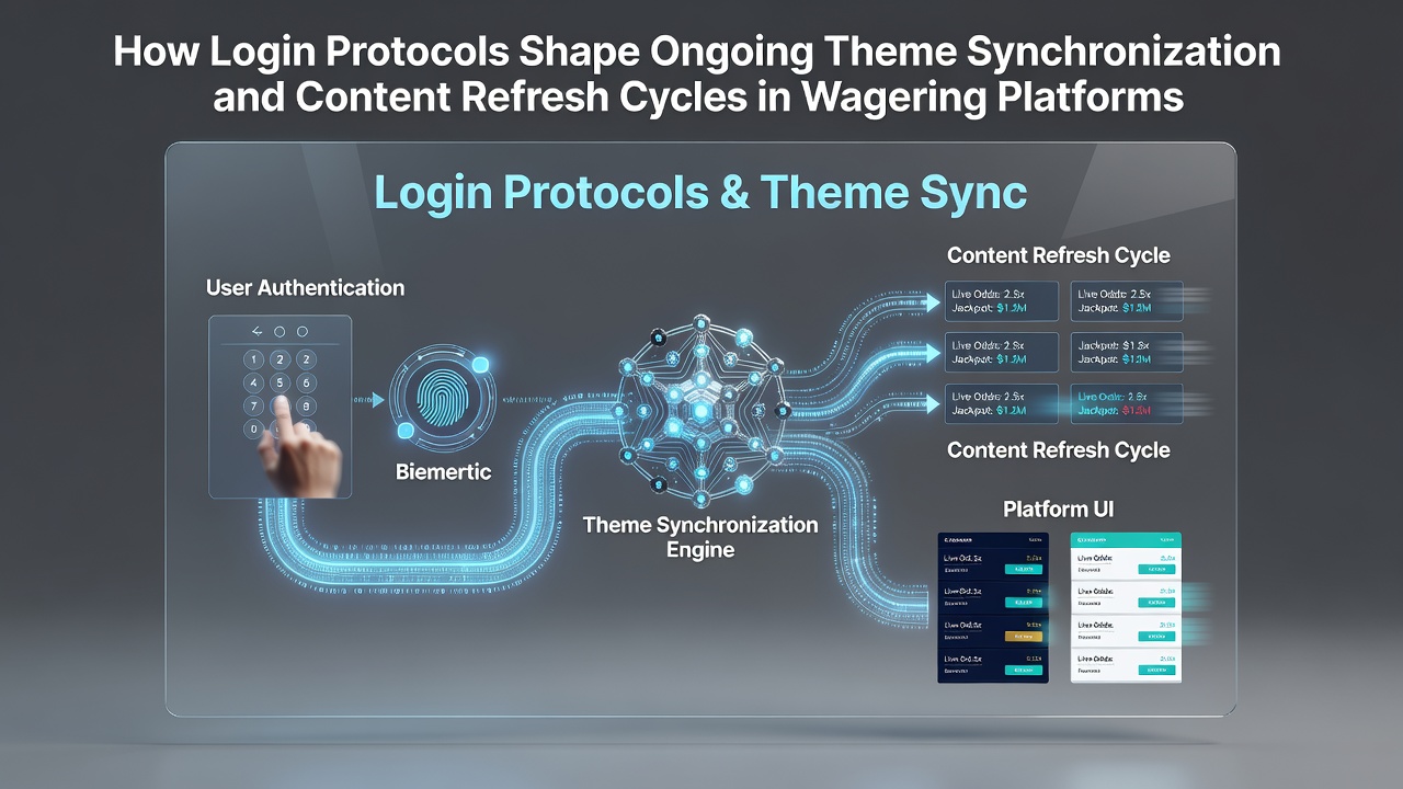 Diagram showing login protocol flows integrated with theme synchronization modules in a wagering platform dashboard