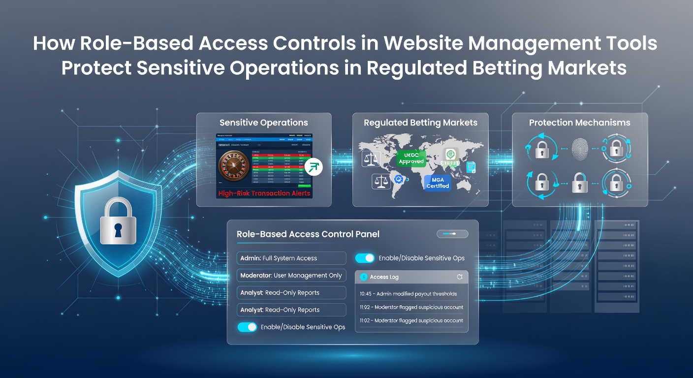 Diagram illustrating role-based access controls layered across a betting platform dashboard with permission tiers for finance, compliance, and content teams
