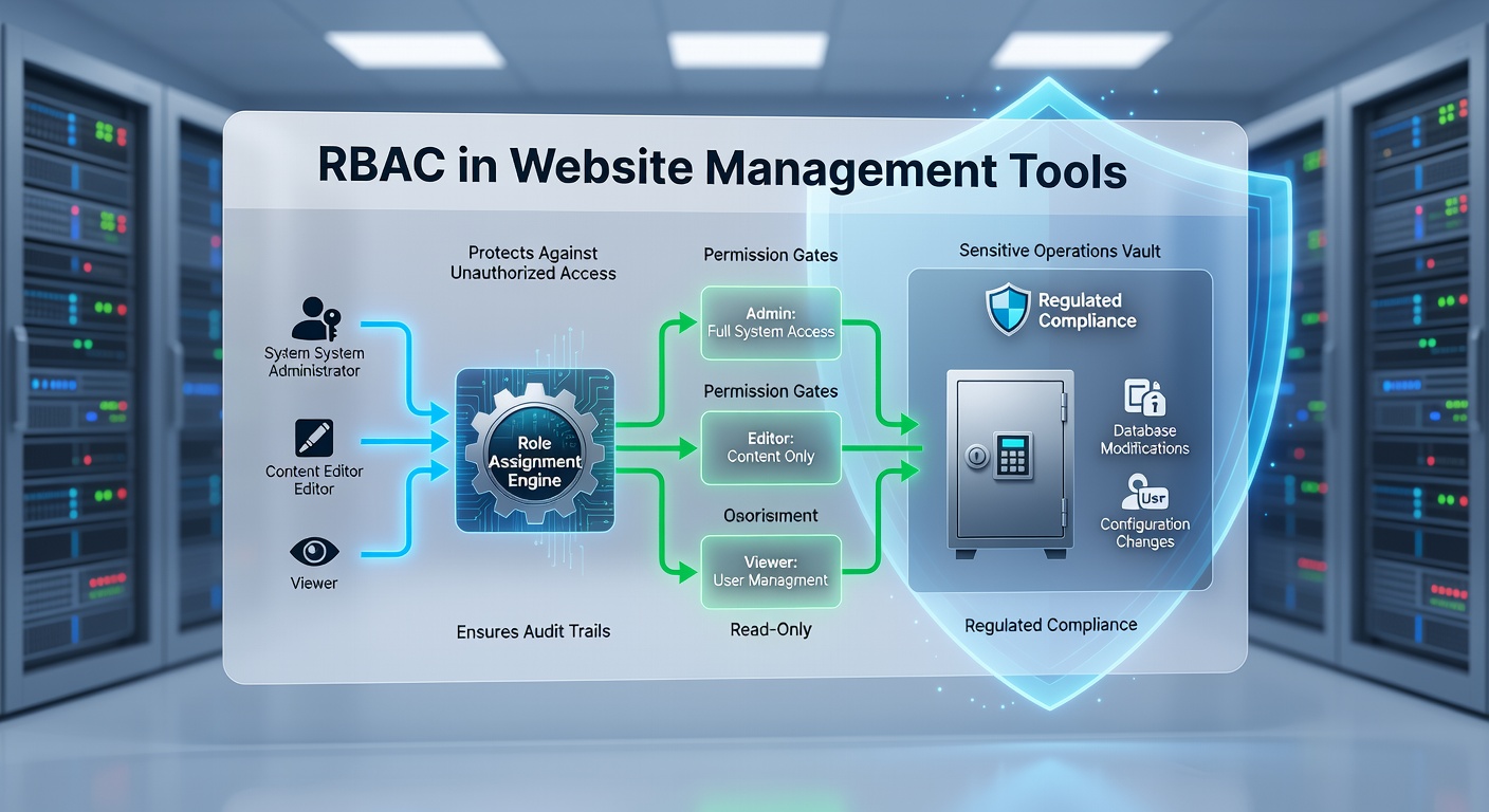 Screenshot of a website admin dashboard showing role assignment interface with toggles for permissions on financial reports, user data, and regulatory submissions