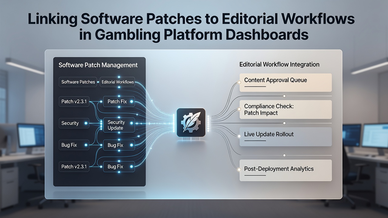 Dashboard interface showing software patch deployment alongside content editing tools for gambling platforms