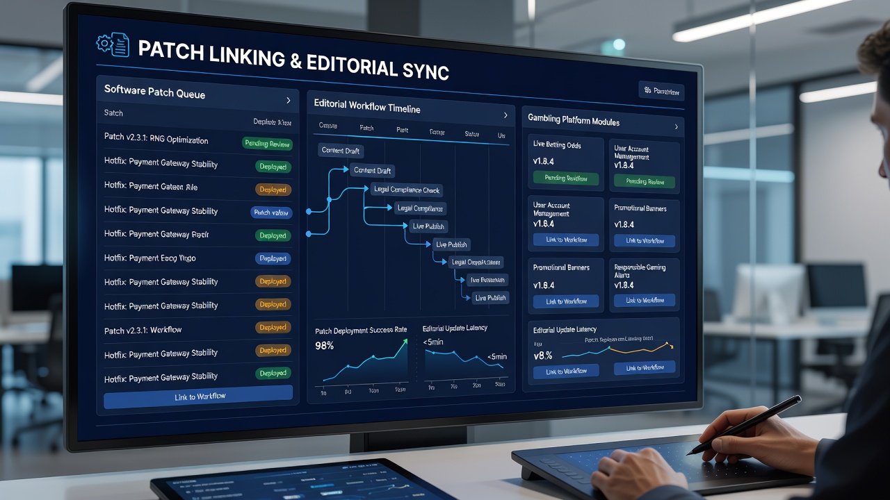 Editorial team reviewing content updates synchronized with recent software patches on a gambling platform dashboard