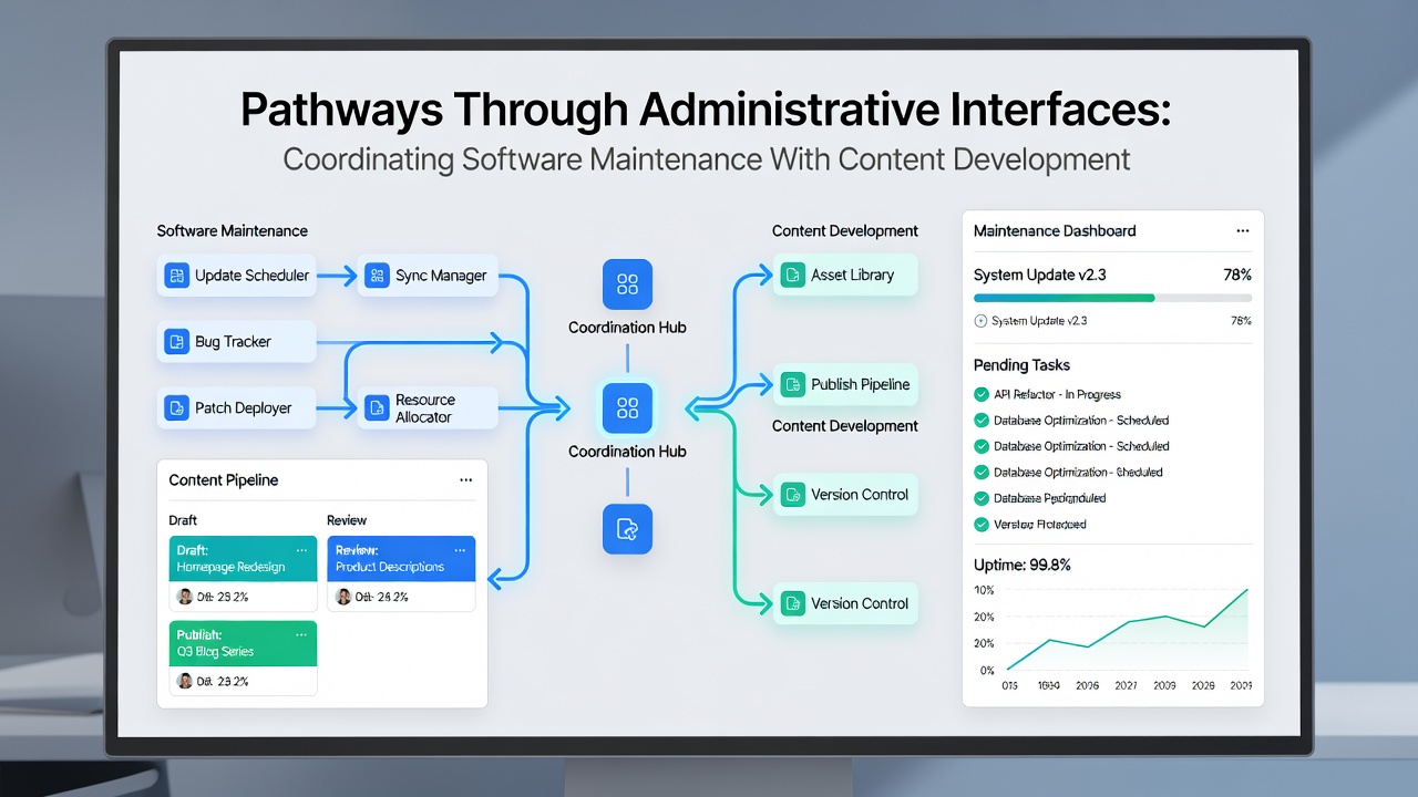 Workflow diagram showing content updates synchronized with software maintenance steps