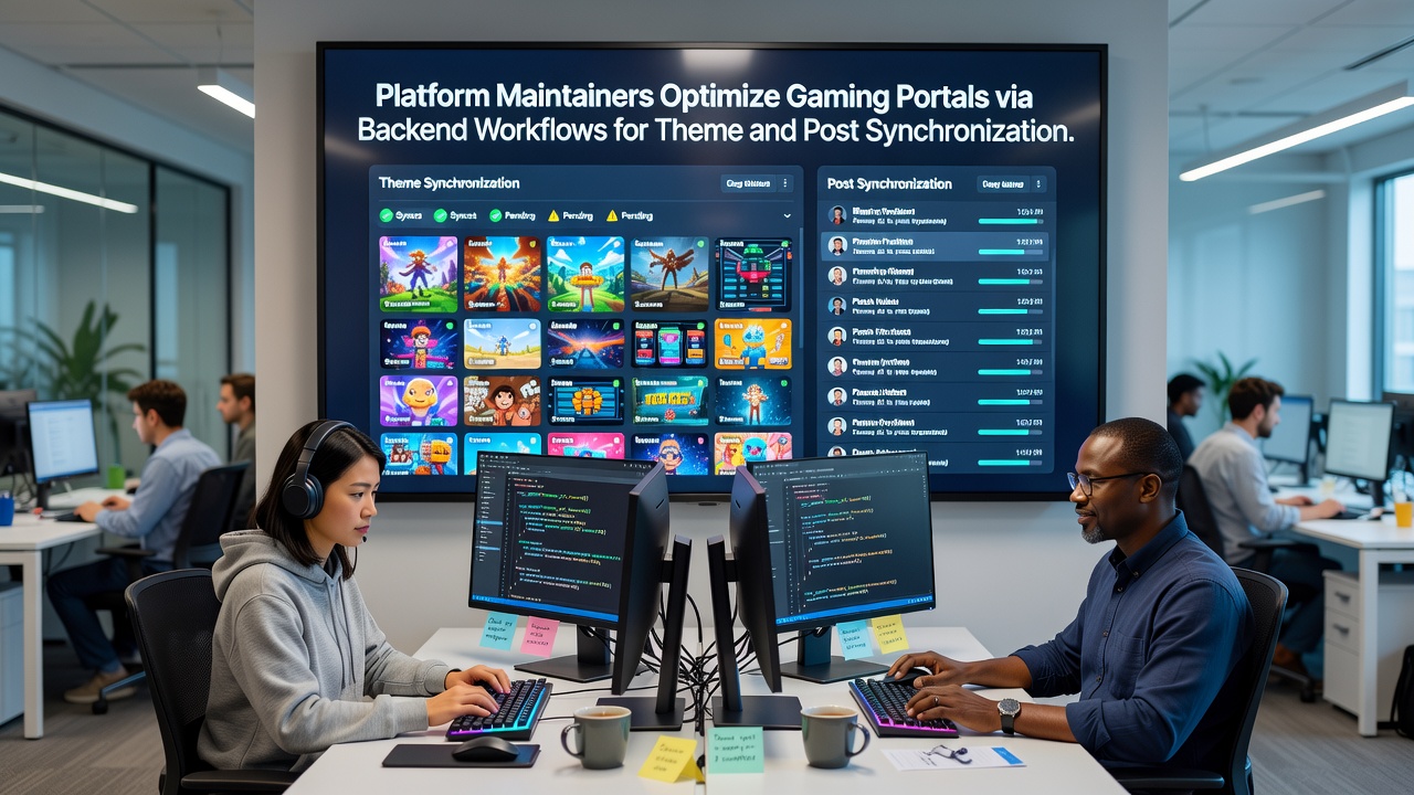 Platform maintainers reviewing backend dashboard interfaces for gaming portal theme synchronization processes