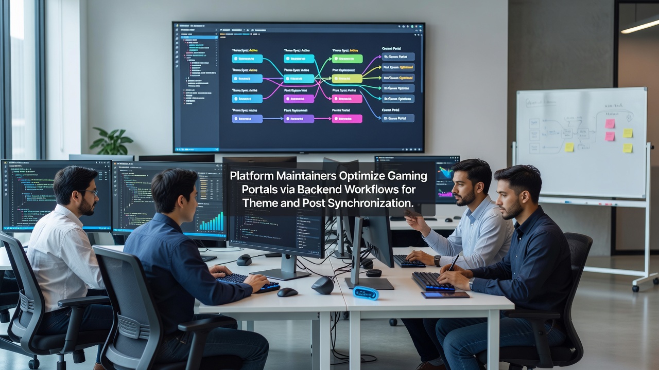 Backend workflow diagrams showing theme and post synchronization pipelines in gaming platform administration