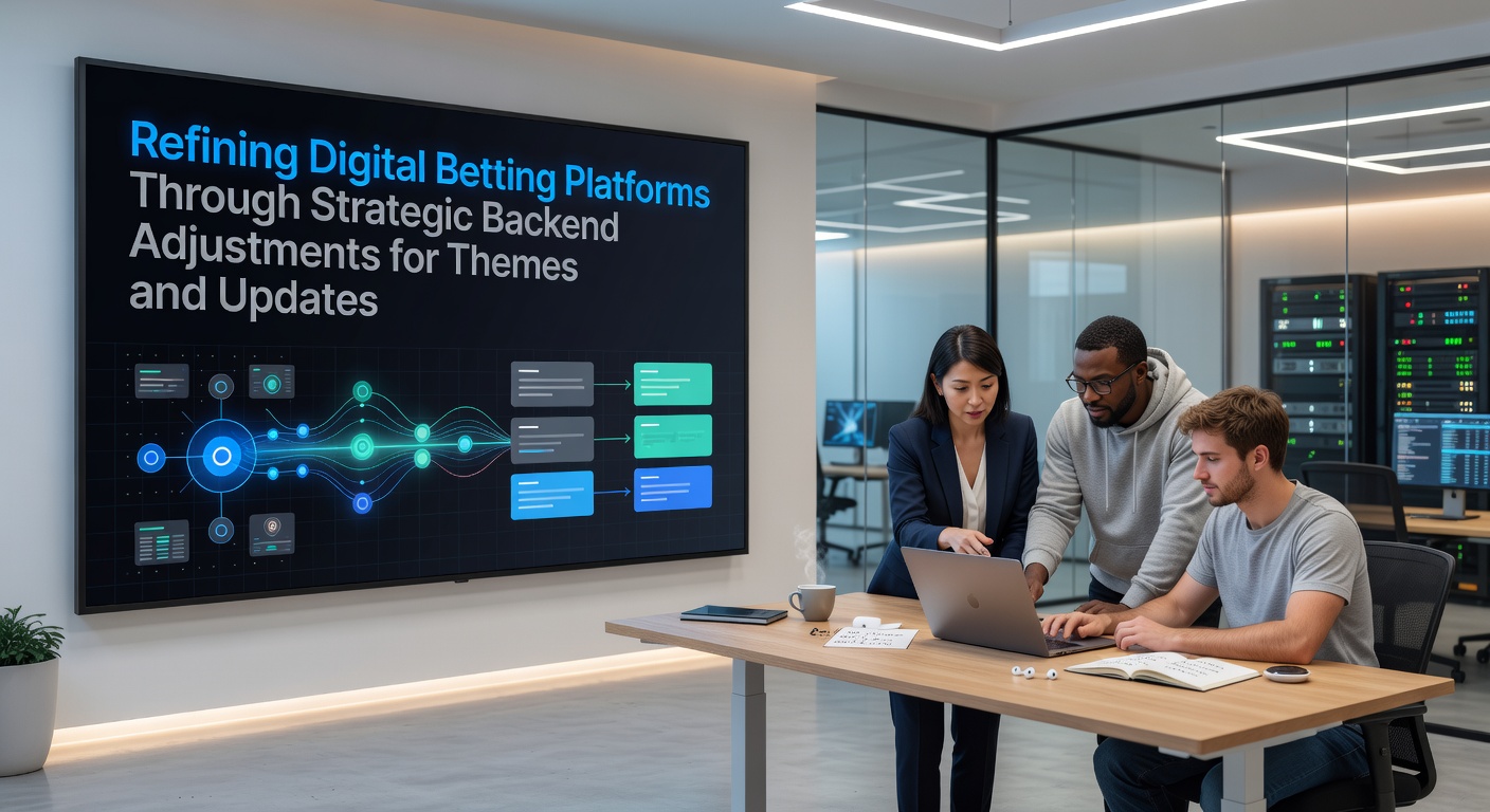 Team reviewing backend update logs and theme preview tools on multiple screens