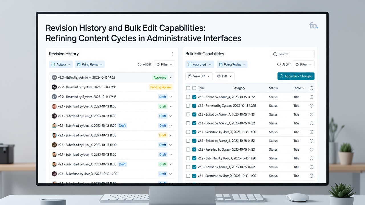 Bulk edit screen displaying multiple content items selected for simultaneous category and status adjustments