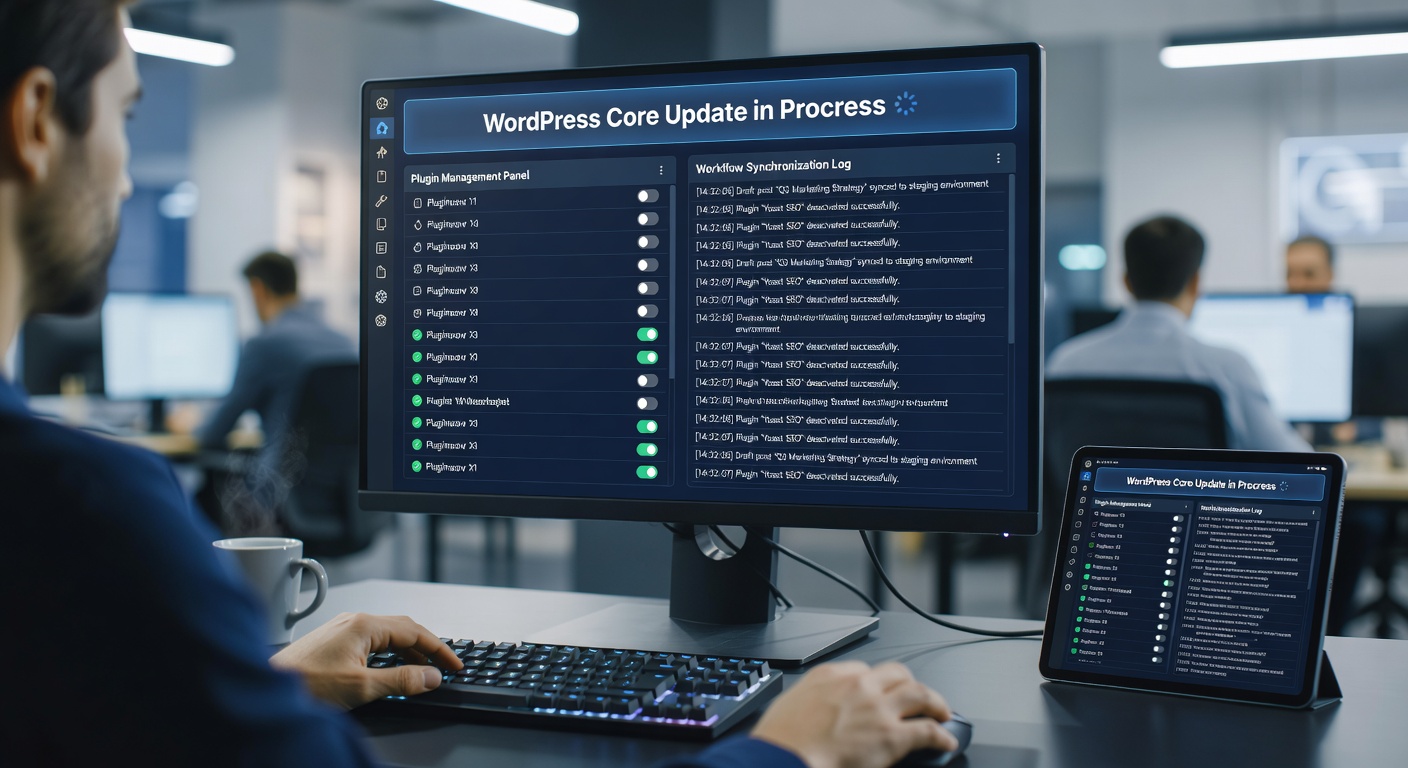 Detailed view of plugin deactivation sequences and draft workflow synchronization steps in a WordPress staging environment for gambling sites