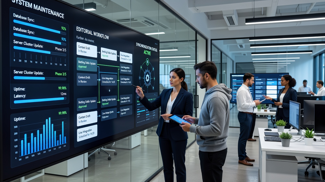 Technical teams reviewing maintenance schedules alongside editorial calendars for betting platform updates