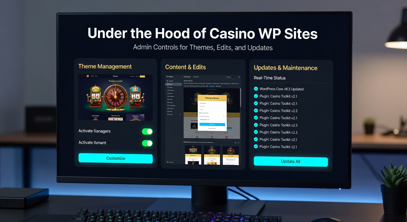 Screenshot of WordPress admin dashboard highlighting theme selection and update notifications for a casino website