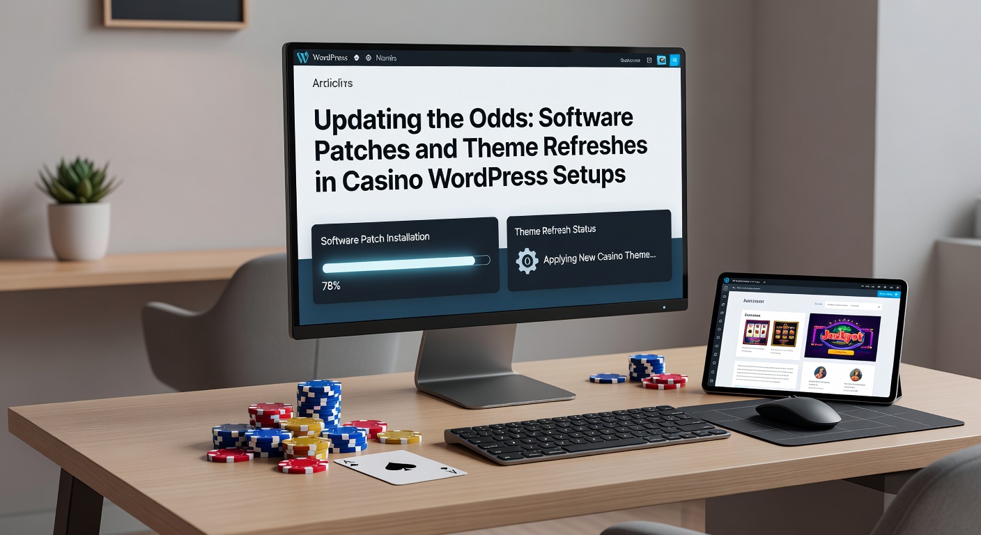Dashboard view of a WordPress casino site showing update notifications for plugins and themes amid a vibrant gaming interface