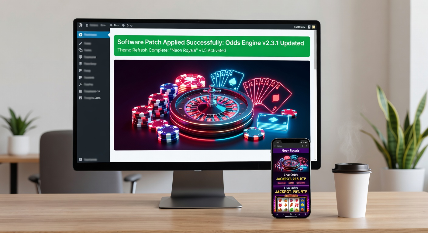 Close-up of a casino WordPress theme editor with refreshed design elements like neon slots and updated mobile-responsive layouts
