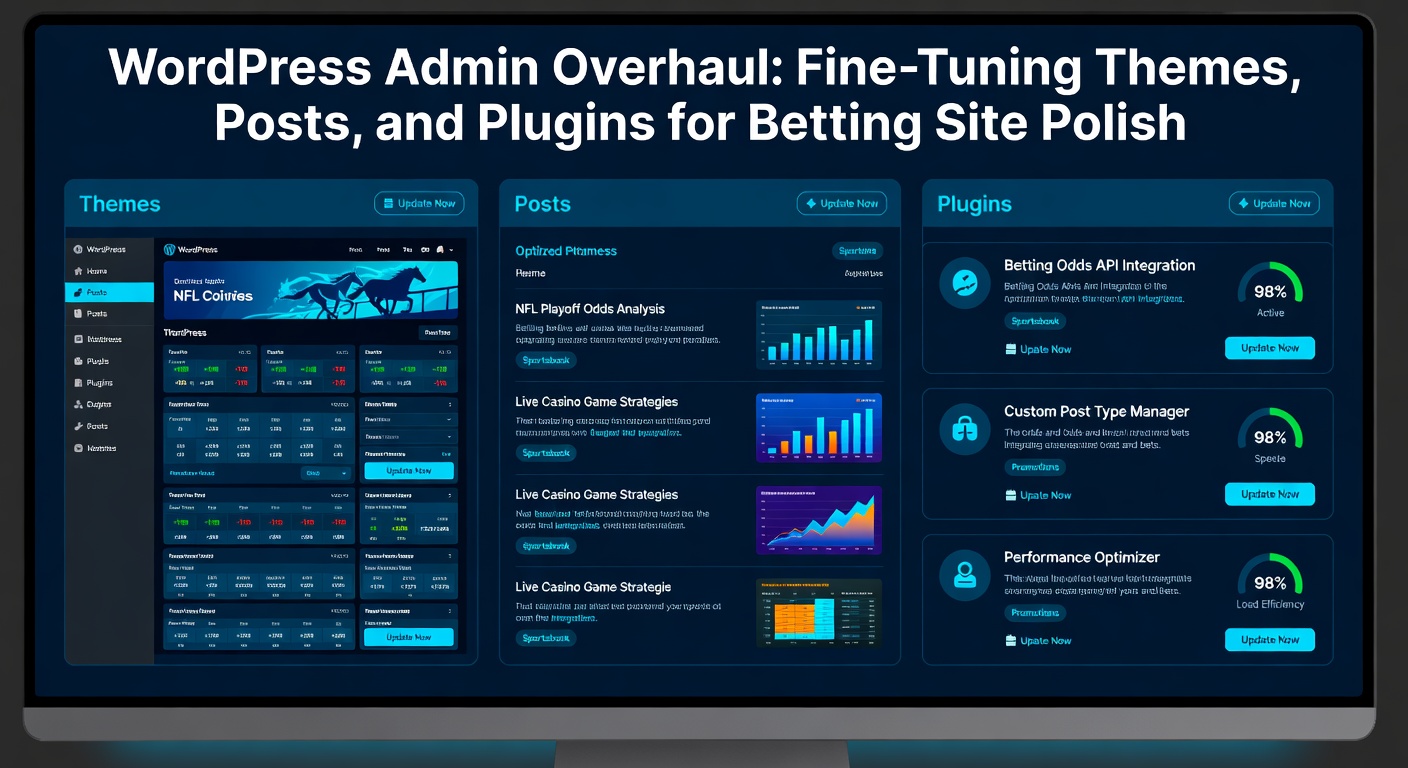 WordPress admin dashboard interface displaying theme options, post editor, and plugin management sections tailored for a betting site layout